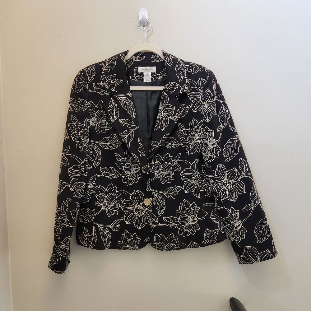 Vtg Judith Hart Womens Black Floral Embroidered Blazer Sz 12 Whimsygoth Career
